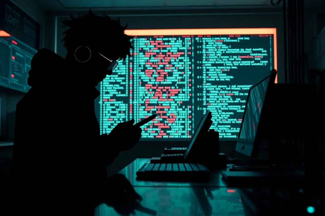 cypher punk silhouette mining code in a Tokyo lab