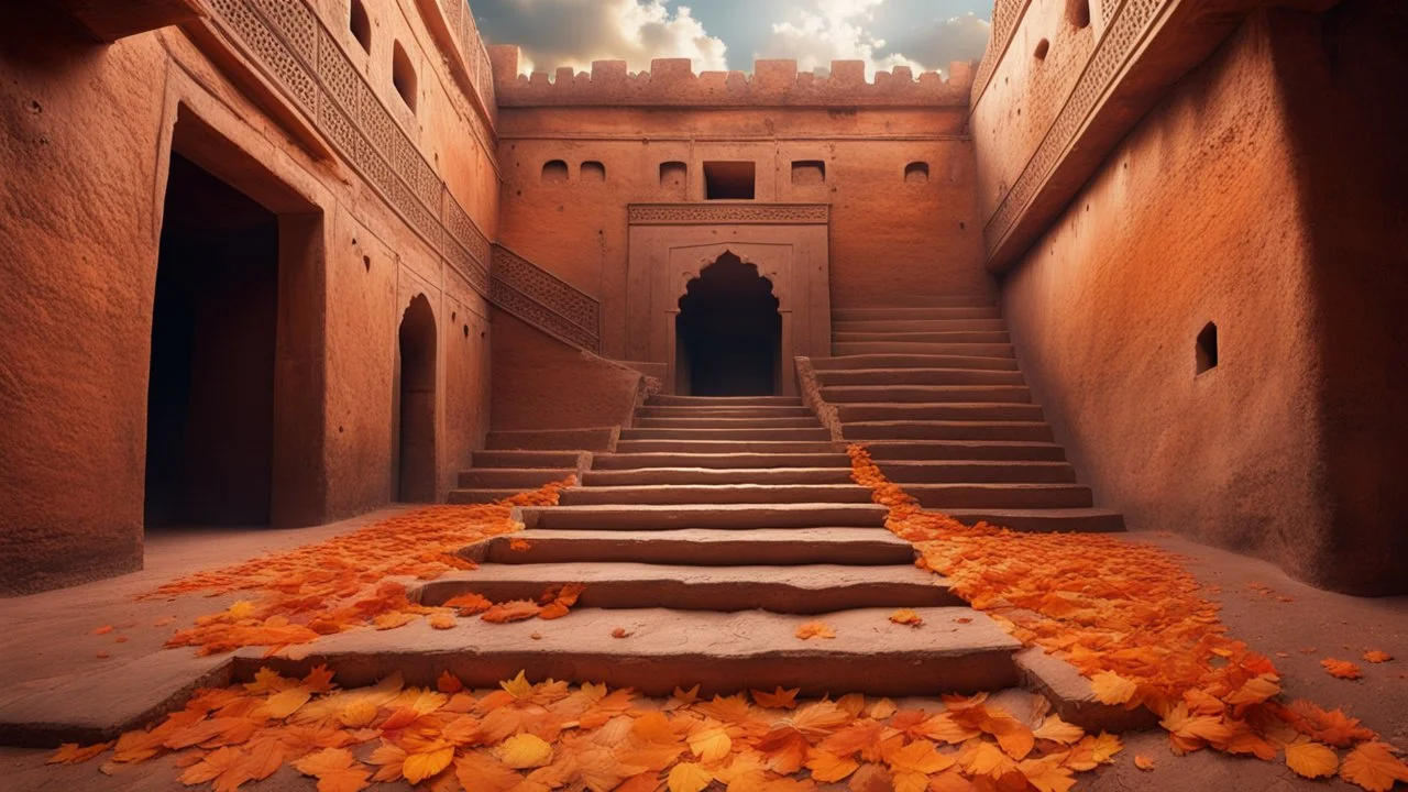 Hyper Realistic Photographic Wide-angle-Beautiful-Staircase Of A Huge-Detailed-Crafted-Rajasthani-Fort In An Autumn Season with dried Orange Leaves on the land with cloudy-sunrays behind the fort showing dramatic & cinematic ambiance.