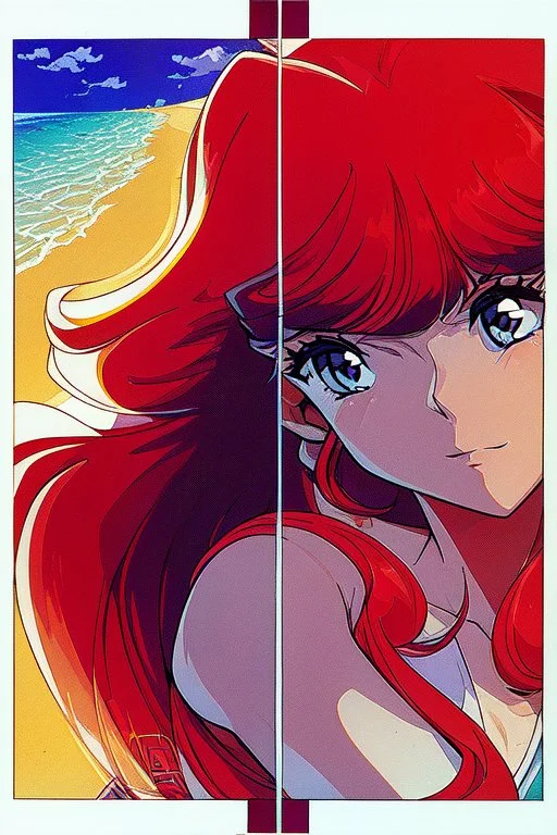 1girl, retro anime, 80's, redhead,portrait, synth-wave colors, beach