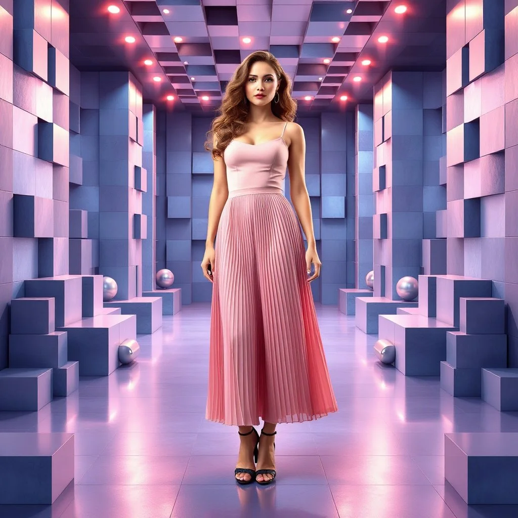 make a picture pretty stage made of metallic blue-gray teme 3d recursive cubic and sphere and cylinder base structures and a beautiful fashion model lady standing with cute in scene with sexy top and pretty pleated midi skirt ,makeup curvy long hair,dynamic camera zoom to full body and pan, dynamic lights.