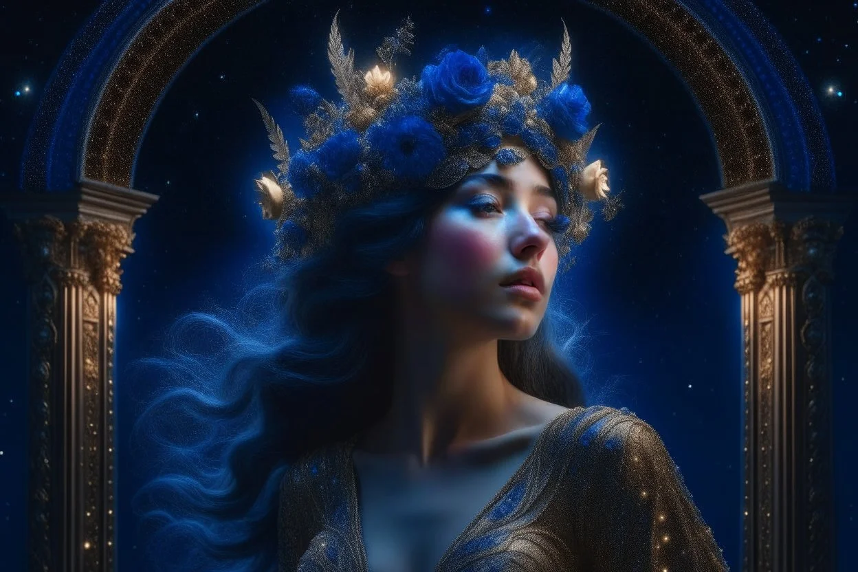 sky in a starry night with glowing meteor showers, ascension of a woman in flower crown decomposing and dissolving into moon, dark - blue black gold beige saturated, ornate baroque rococo art nouveau intricate detail, 3 d specular lighting, cinematic