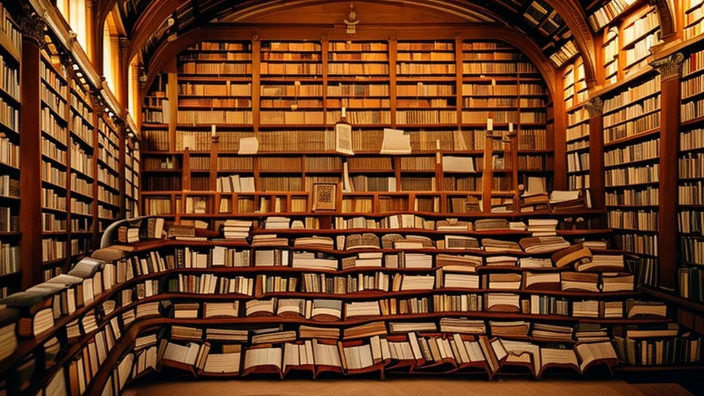 many ancient books and scrolls in an old library