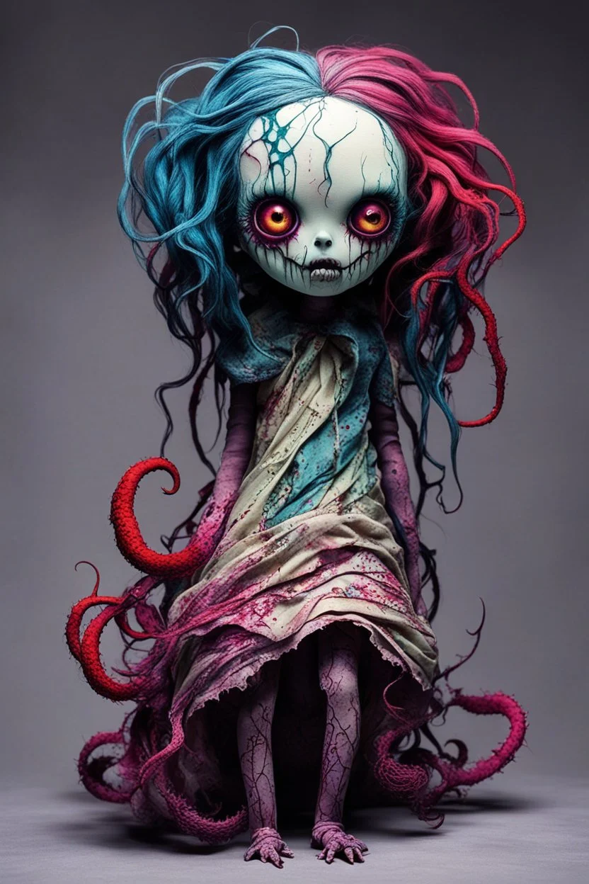 full color, illustration of a dark, menacing, tentacled monster girl, as a decayed, broken, crude homemade cloth doll toy, with a narrow cracked porcelain face, thick dark eyebrows, hair made from ragged strips of cloth, in the style of Brom, Alex Pardee, and Masahiro Ito, bold vibrant color