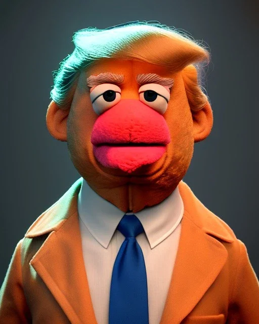 Waist up Portrait, Donald trump muppet, Sesame Street style, retro style, photo studio, unreal engine 5, god lights, ray tracing, RTX, lumen lighting, ultra detail, volumetric lighting, 3d.