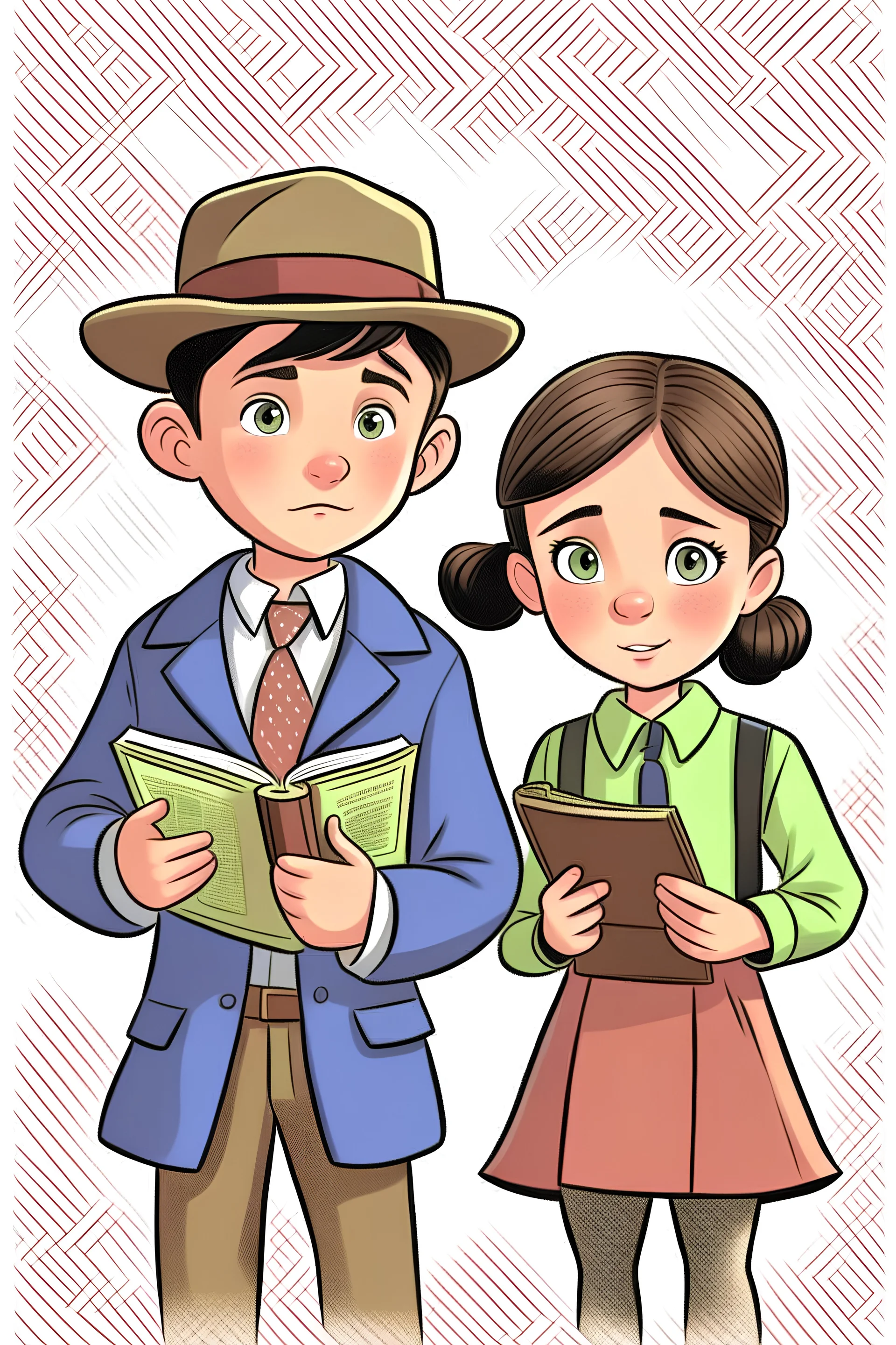 An illustration of a 10-year-old boy and girl, dressed as detectives from for an interactive riddle book.