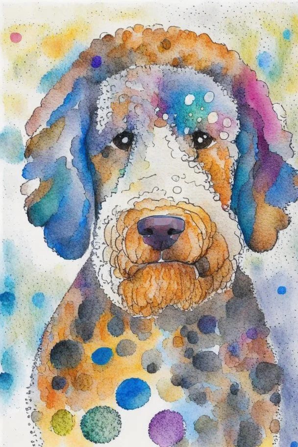 abstract watercolour of the head of bernadoodle dog in the style of paul klee with circles of colour