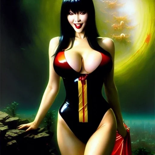 fullbody portrait 'beautiful sexy busty mature Vampirella',wearing black skintight latex suit,hyperrealistic skin,Hyperrealistic Big eyes,painting by gaston bussiere, greg rutkowski, yoji shinkawa, yoshitaka amano, tsutomu nihei, donato giancola, tim hildebrandt, oil on canvas, cinematic composition,sharp image, extreme detail,((fit full head inside picture)),32k