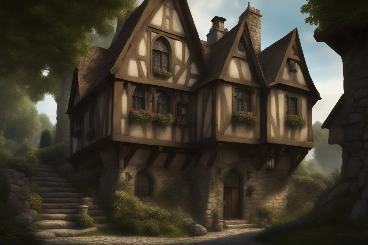 tall, slim, woman, with wings, and scales, large medieval gothic inn, with a balcony, next to a sloping, cobbled road, surrounded by trees with dense foliage, photo-realistic