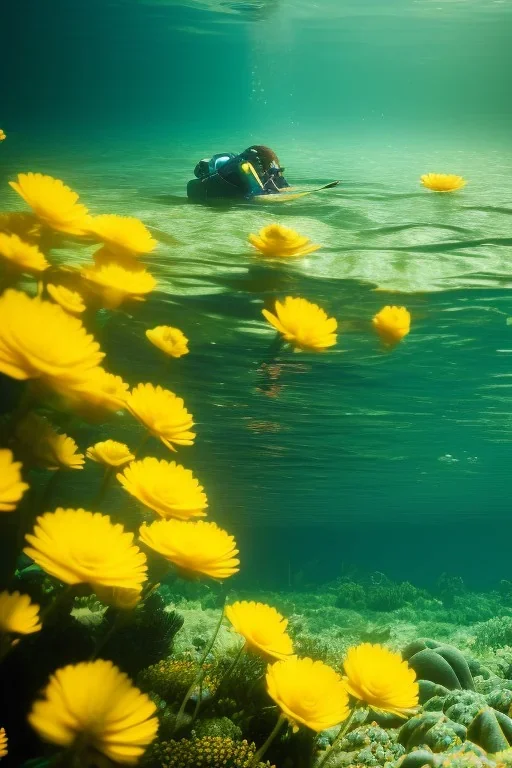 eva and adam underwater with yellow flowers for hair, closed eyes, rtx, reflection, 8k, glow, winning photography, caustics