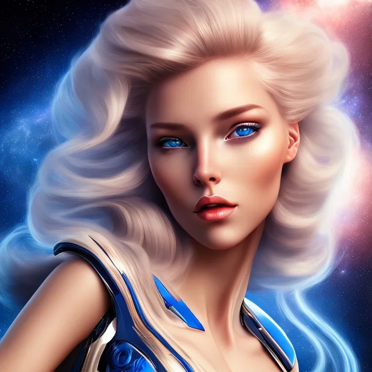 A beautiful portrait of a young galactic woman blonde hair in a galactic suit in cosmos blue