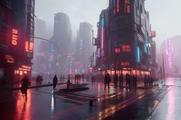 3D, beautiful, light reflecting, empty future city at night, rainy night, neon, cyberpunk, tron, cyborgs walking, 8k, finely detailed, photo realistic