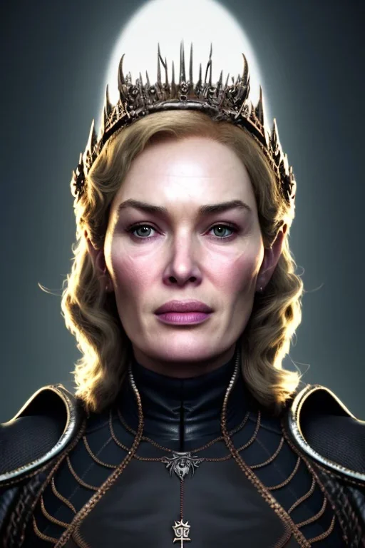 Cersei Lannister as evil queen in black leather, lena headay, leather, busty, cleavage, angry, rage, stern look. character design by cory loftis, fenghua zhong, ryohei hase, ismail inceoglu and ruan jia. unreal engine 5, artistic lighting, highly detailed, photorealistic, fantasy