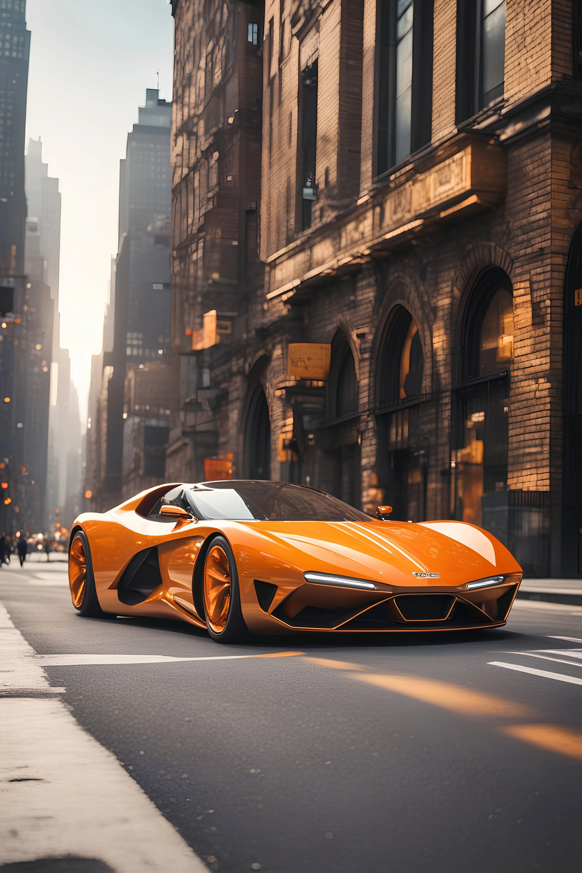 creates a concept supercar in '70s style with a retro-futuristic bodywork in orange and gold on a street of New York, with a bright sky