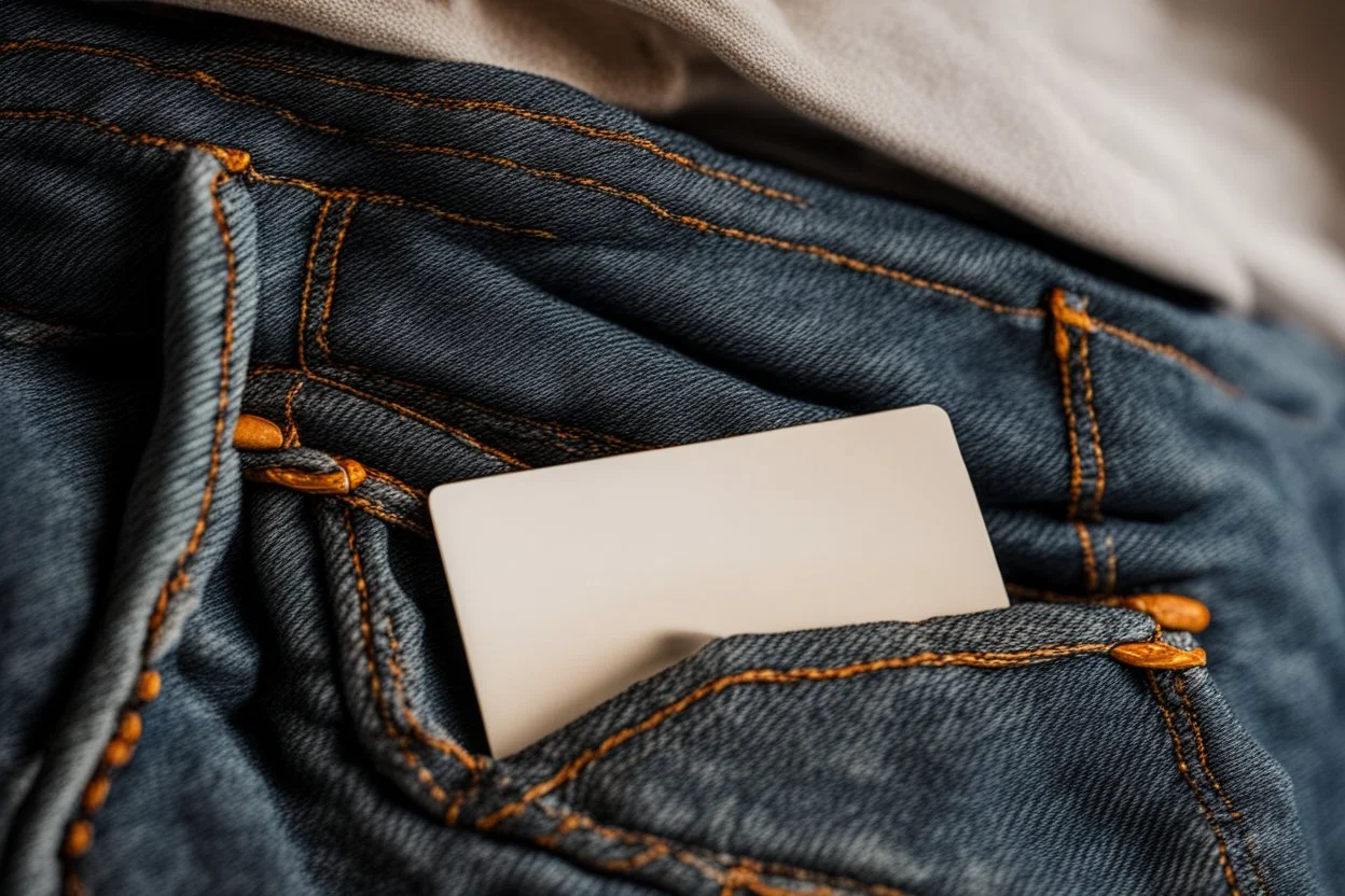 jean pocket with card coming out of pocket