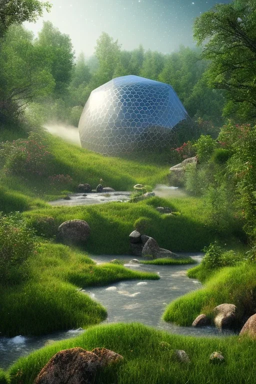 geodesic Dome a facettes transparant ultra réaliste, brouillard, prairie,riviers animé, soleil, ciel étoilé cgi,