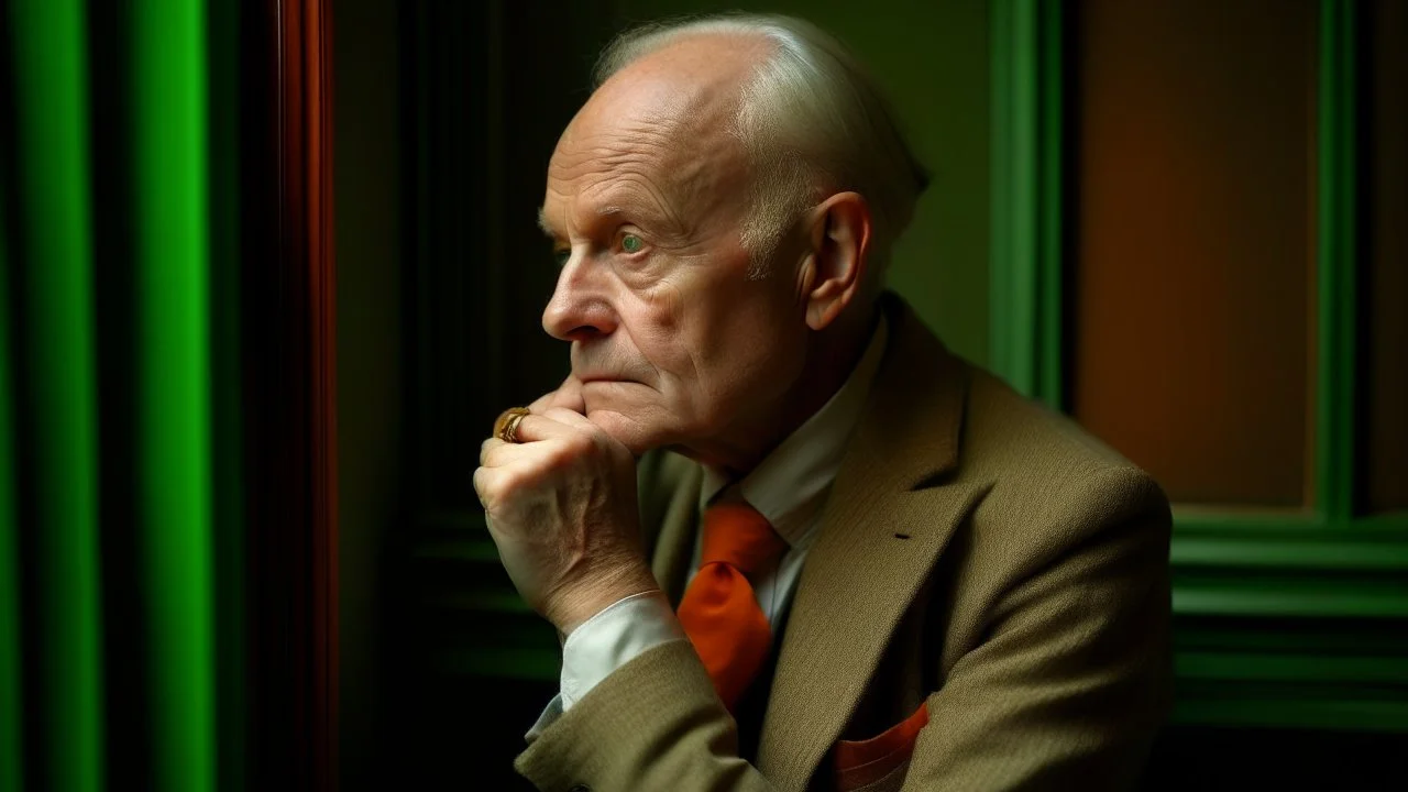 An elderly white man with balding hair sitting by a window with a green frame, wearing a grey suit with a bow tie, and resting his head on his hand, indoors with a wall that transitions from grey to warm orange tones