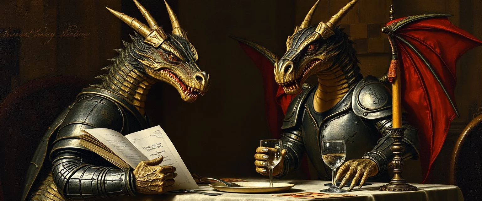 close up portrait painted by Rembrandt, dragon in knights armor holding speech at dinner table