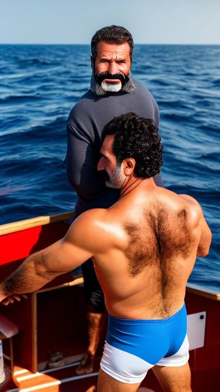 Turkish helmsman drives a fishing boat holding the helm, burly, strong muscular beefy, in undershirt and boxer shorts, 42 years old, moustache, short beard, curly hair, in tank top and boxer shorts, photorealistic, view from the bottom, ambient occlusion, sunlight