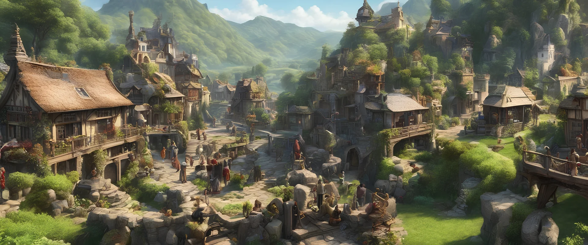 A busy surrealists market in beautiful sunny outdoor countryside scene with distant hills & fields, intricate dwellings, a clock-house, many pathways & stairways, walkways & bridges, waterfalls & a waterwheel : ultra high detail, photorealistic, epic cinematic, 8K, Large depth of field