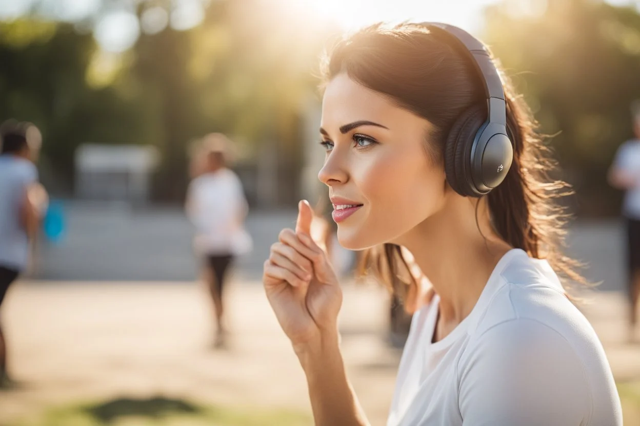 cute brunette woman listening a training in sunshine