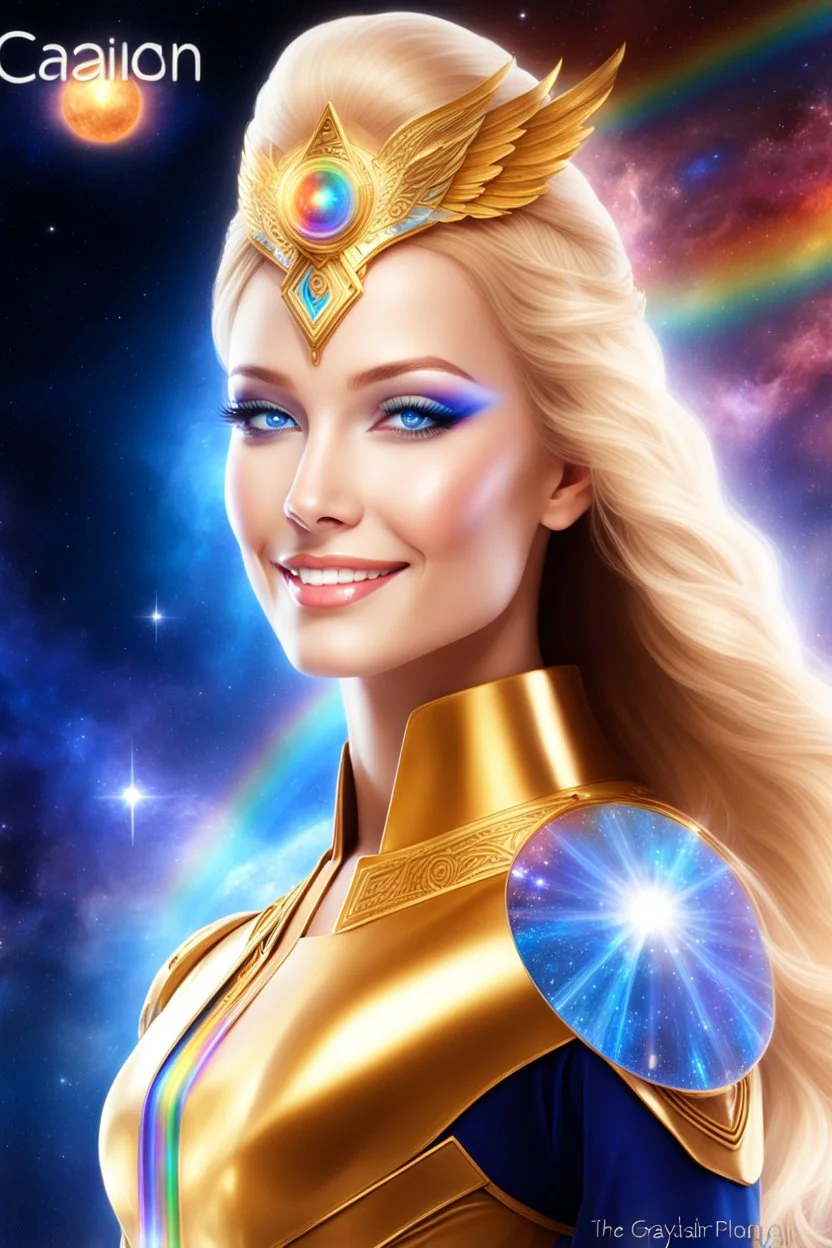 cosmic woman angels smile,admiral high ufo commander from the future, one fine whole face, crystalline skin, expressive blue eyes,rainbow, smiling lips, very nice smile, costume rainbow pleiadian, Beautiful tall woman pleiadian Galactic commander, ship, perfect datailed golden galactic suit, high rank, long blond hair, hand whit five perfect detailed finger, amazing big blue eyes, smilling mouth, high drfinition lips, cosmic happiness, bright colors rainbow, blue, pink, gold, jewels, realist,8k