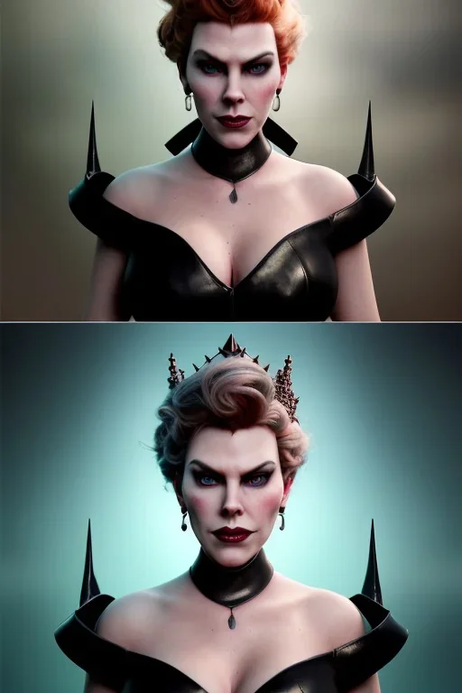 Hannah Waddingham as evil queen in black leather, busty, cleavage, voluptous, rebecca Welton, angry, stern look. character design by cory loftis, fenghua zhong, ryohei hase, ismail inceoglu and ruan jia. unreal engine 5, artistic lighting, highly detailed, photorealistic, fantasy