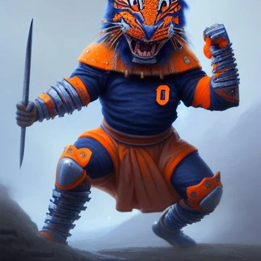 Otto the orange syracuse mascot as a fierce warrior in full navy blue and orange battle armor, a highly detailed illustration, background of Inka jungle, realistic render, 8 k, micro detail, intricate, elegant, centered, digital painting, Artstation, smooth, sharp focus, illustration, artgerm, tomasz alen kopera, peter mohrbacher, donato giancola, joseph christian leyendecker, wlop, boris vallejo