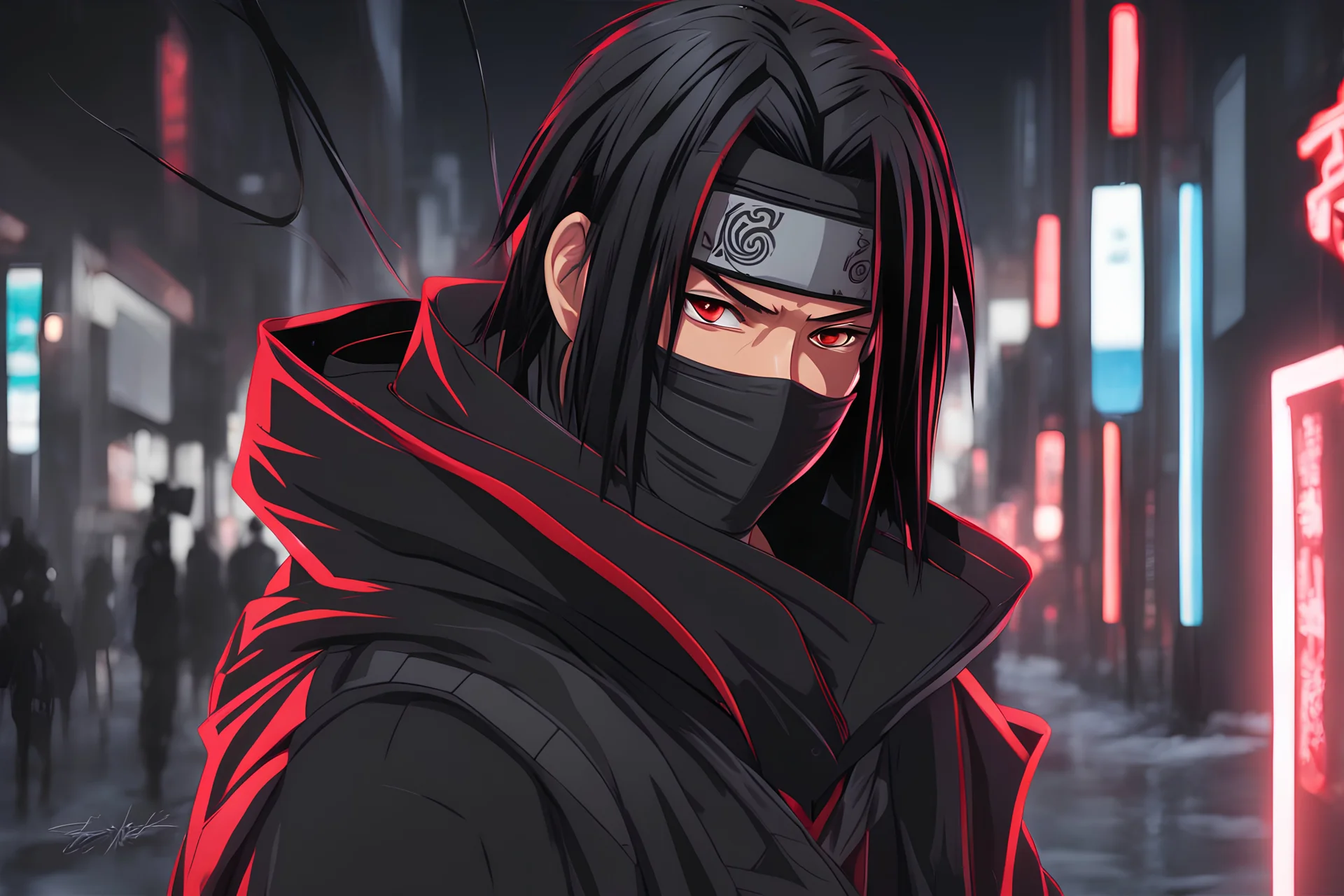 Itachi Uchiha in 8k Afukuro anime drawing style, Uchiha them, ronin costum, winter, close picture, neon effect, highly detailed, high details, detailed portrait, masterpiece,ultra detailed, ultra quality