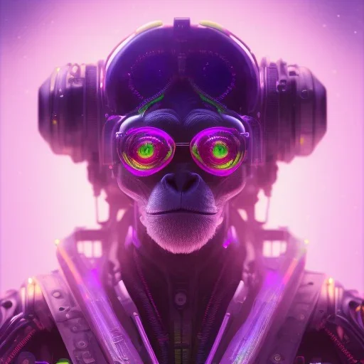 A beautiful portrait of a cyborg monkey purple neon color scheme, high key lighting, volumetric light high details psychedelic background