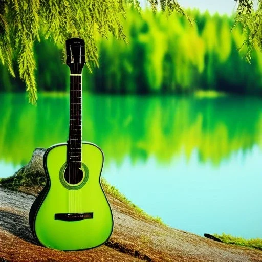 guitar leaning at a beautiful green Tree, in front of a lake, photorealistic