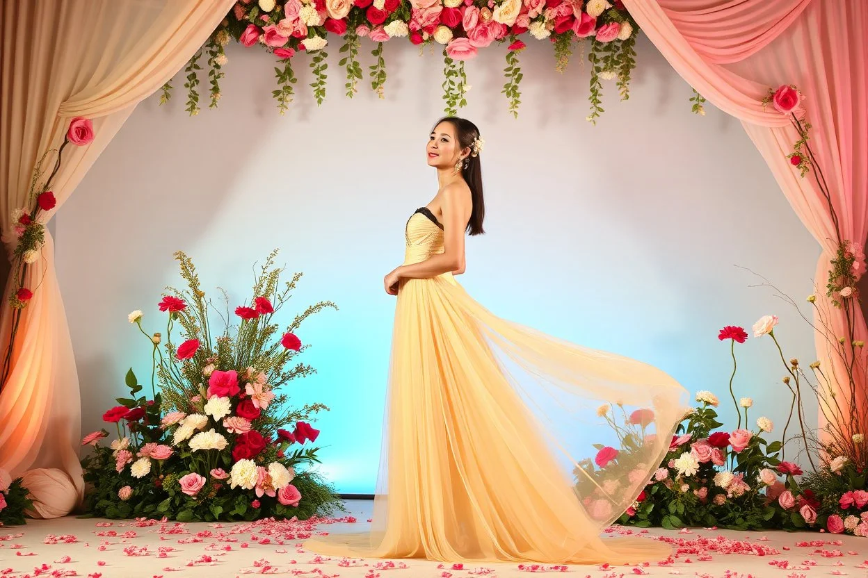 picture of lady with a maxi dress flower stye design posing in a art an romantic stage