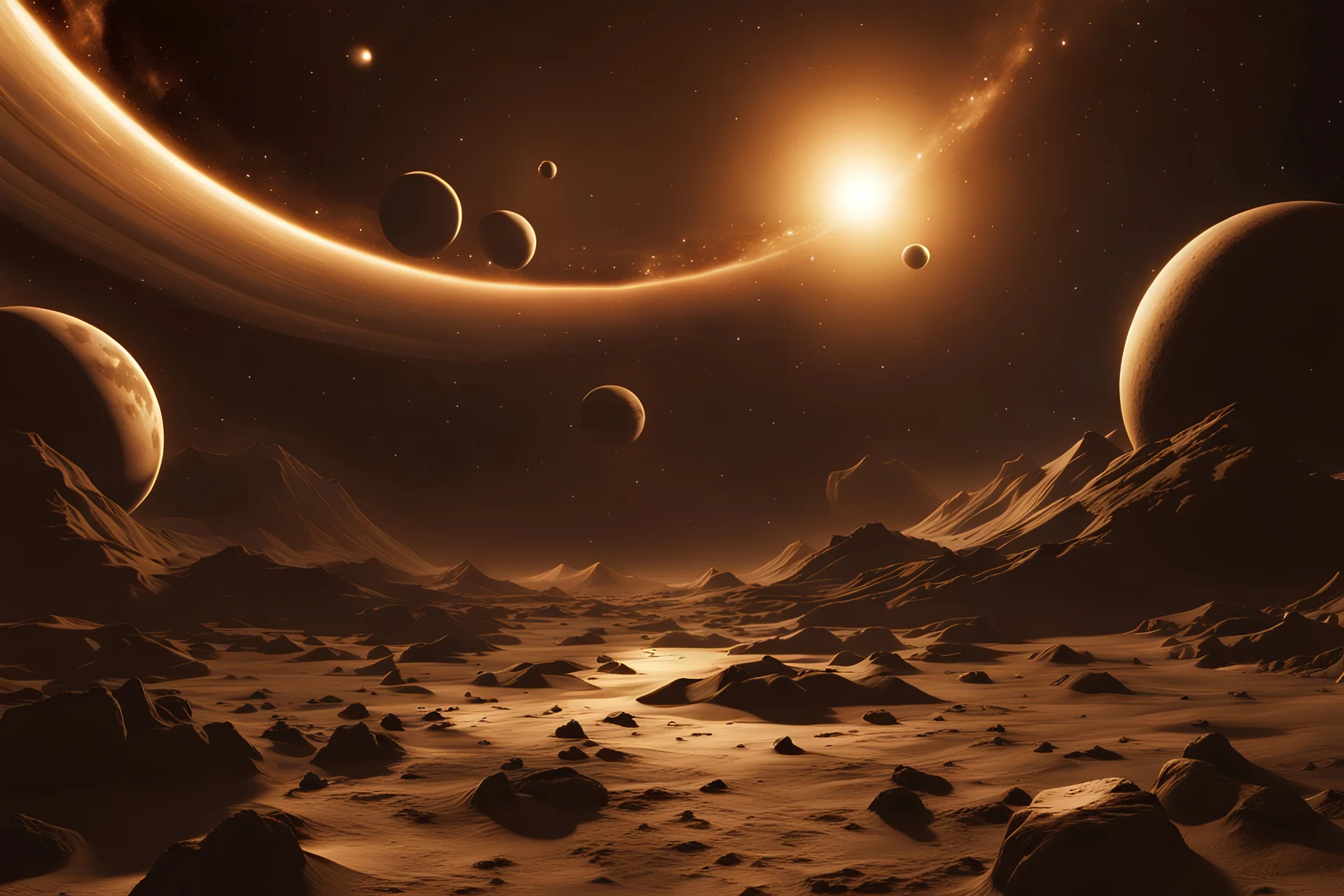 In the art style of Frank Frazetta: A sepia toned picture of a solar system, detailed matte painting, deep color, fantastical, intricate detail, splash screen, complementary colors, fantasy concept art, 8k resolution trending on Artstation Unreal Engine 5