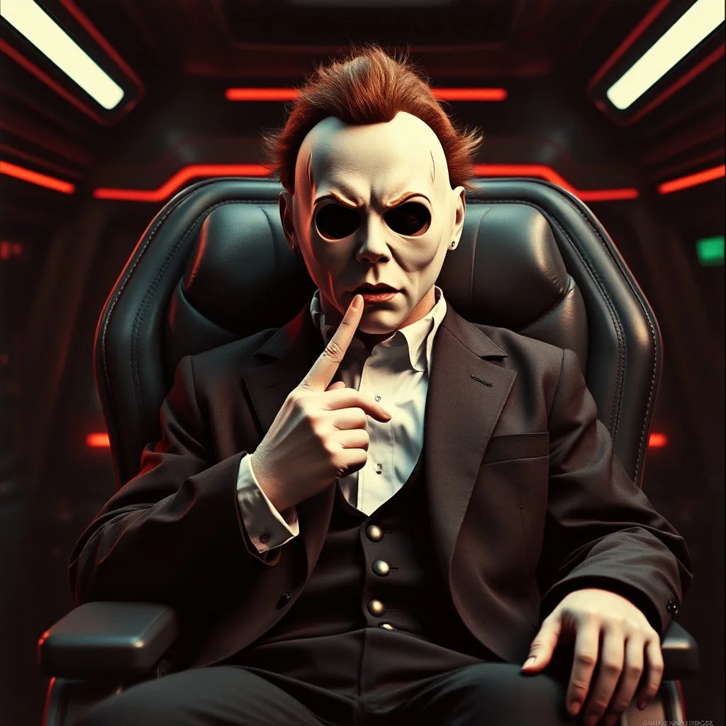 Dr. Evil merged with Michael Meyers hybrid character wearing a Michael Meyers from the 'Halloween' movie series mask sitting in a retro futuristic command chair with a pinkie to his lips, surreal, unsettling, grainy photography, dramatic, fantastical, movie poster