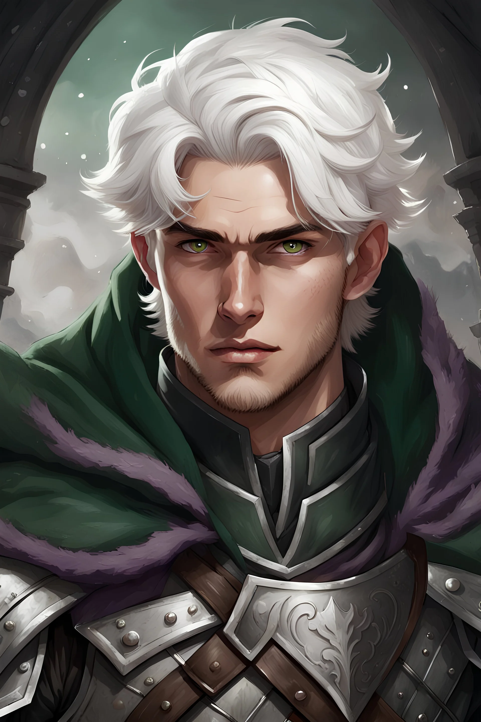 baron. twenty-seven years old. short white hair. dressed in chaimail armor. gray clothes. dark-green cloak. light-purple eyes.