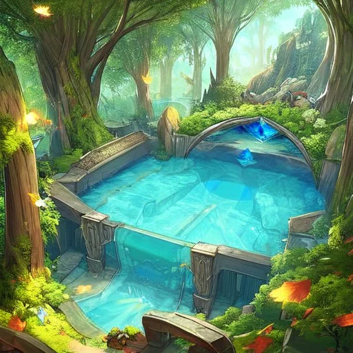 Generate a dreamy forest scene with ancient, moss-covered trees and soft, dappled sunlight filtering through the leaves. Include a hidden waterfall cascading into a crystal-clear pool."pool."nightlife."clouds."overhead."and pink."