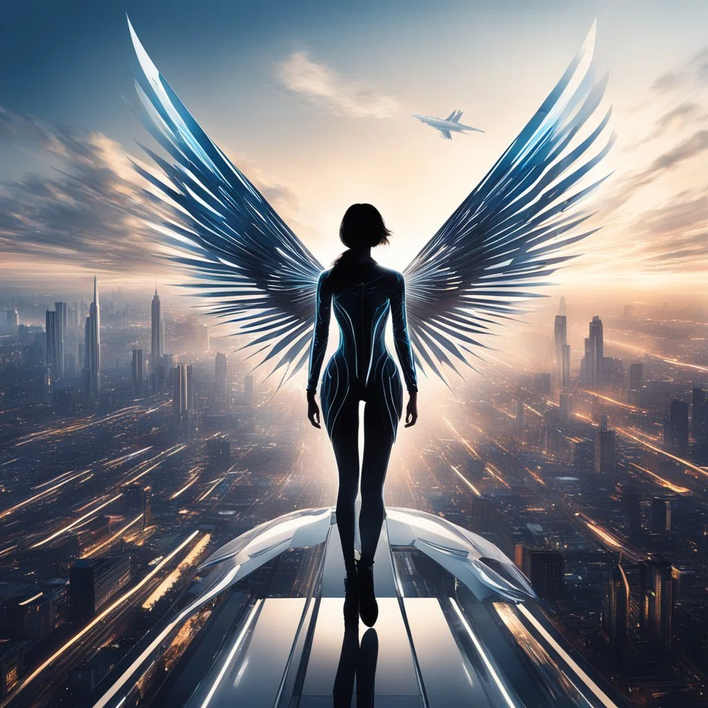 In a world where the sky is the new frontier, “AeroDynamica” emerges as the embodiment of progress and freedom. This digital artwork captures a futuristic girl, her silhouette sleek against the cityscape, with wings that are a marvel of bioengineering. They unfurl with a grace that belies their intricate design, a fusion of organic curves and cutting-edge technology. “AeroDynamica” is not just a figure; she’s a statement about the potential within us all to soar beyond our limits and explore the