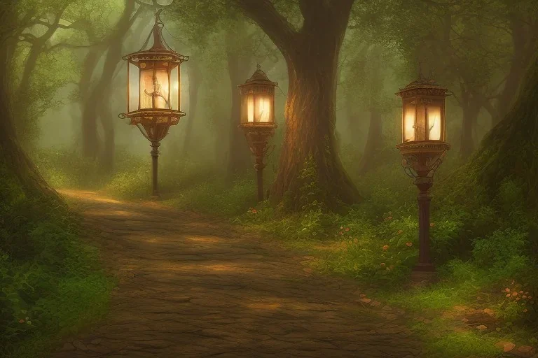 wooded forest stone path lantern