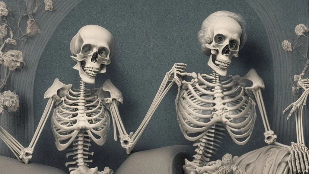 Skeleton Couple Posing Suggestively In Vintage 1940s Hollywood Grandeur