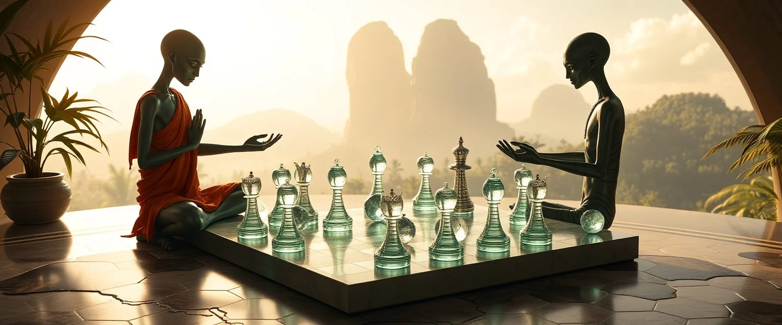 alien levitating yoga monk chess masters playing serious glowing chess on hex map in lounge on beautiful lush planet with huge transparent glass pieces