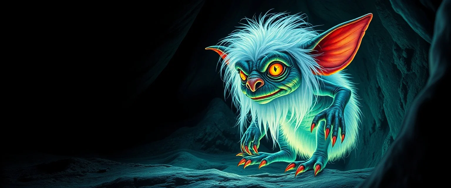 pen outline with some neon airbrush, glowing quickling gollum gremlin in the shadows with long fluffy white fur looking at awesome cave painting, pin hole camera, in the style of Rembrandt