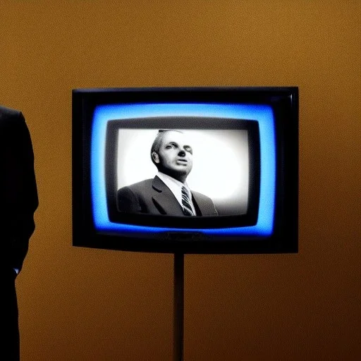 a man in a suit leaning forward on a CRT television screen, cinematic