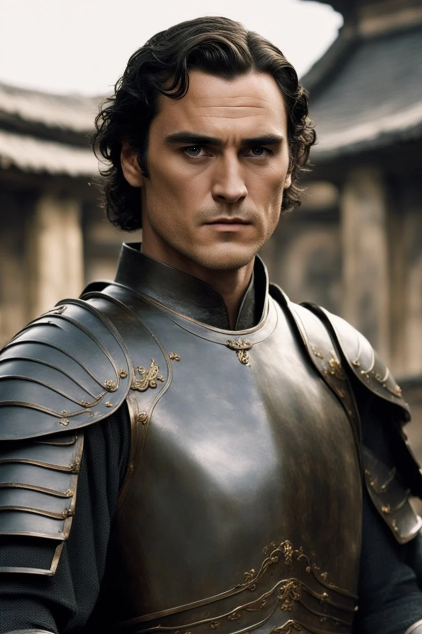 Joaquin Phoenix from year 2000, draped waves haircut, black hair, in medieval setting, in burnished medieval japanese armor