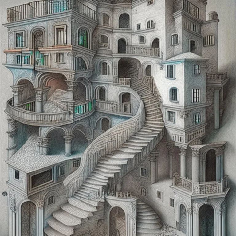 A building with stairs upside down and in several spacial dimensions and directions by artist "Escher" and "Piranesi"