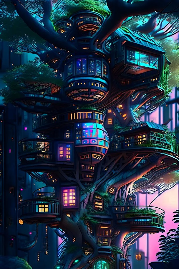 Arte digital 3D de una casa del árbol cyberpunk, hiperdetallada, calidad ultra, increíble obra de arte