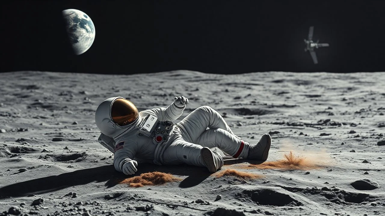 Lone astronaut lying listlessly on a lunar crater, absentmindedly playing with space dust, Earth satellite shining monotonously on the black horizon, spacesuit decorated with doodles of boredom, dramatically exaggerated pose of cosmic ennui, space station flickering faintly in the distance, surreal space comedy style