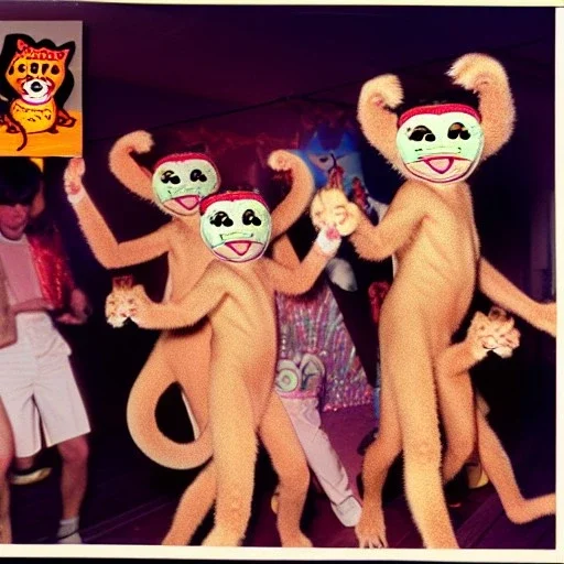 1980s photo of new year's party alien monkey with dancing cats happy