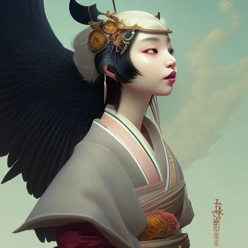 storybook illustration of cute little tengu yokai girl, raven-black hair, wearing a kimono, digital painting, pastel, illustration, procreate, epic, fantastic, featured on cgsociety.Art by Greg Rutkowski, Alphonse Mucha, Artgerm ,