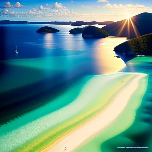 Whitehaven Beach, Australia,extremely detailed digital painting, high resolution,8k, realistic, beautiful, volumetric lighting, mystical colors ,perfectly centered image, perfect composition, rim light, beautiful lighting,masterpiece, stunning scene, raytracing, anatomically correct, in the style of robert e howard and Ken Kelley and Ohrai Noriyoshi and Simon Bisley and tomzj1, aerial view,cloudy.