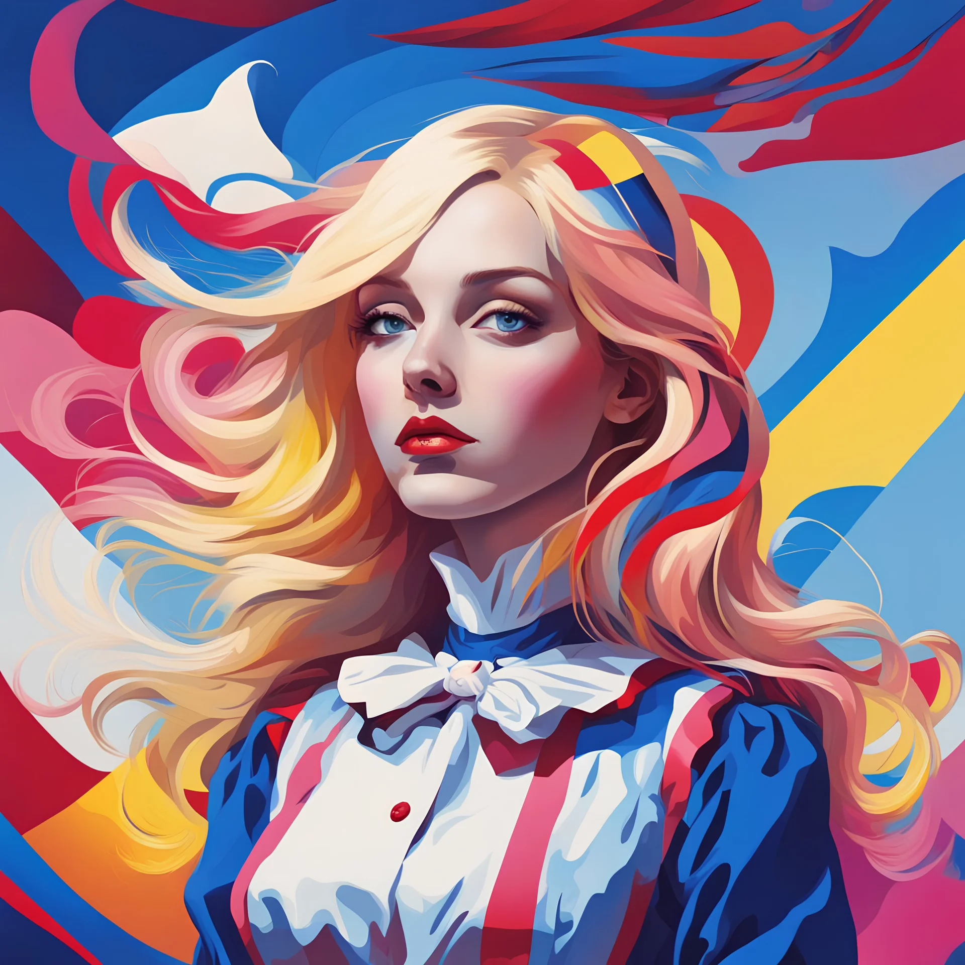 Alice with sky-blue white dark-blue red red-pink vivid-blue and yellow-blonde palette in vorticism art style