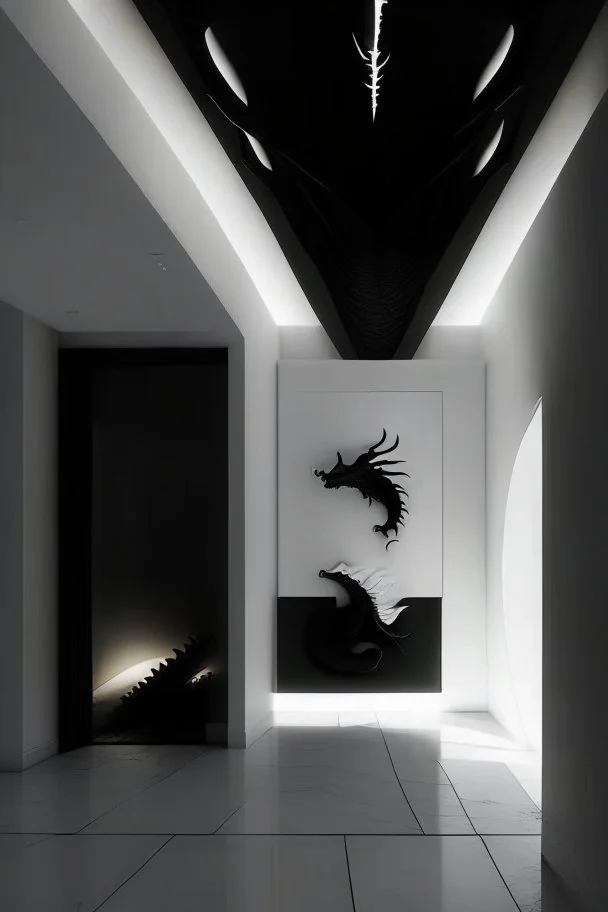 We make it black, veined walls and a white floor, with a reception in a rectangular shape, and hidden or rich lighting or the dragon